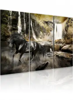 Tablou Black Horse And Rocky Waterfall