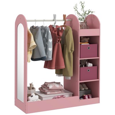 AIYAPLAY Cuier pentru Copii cu Rafturi, Cutii și Oglindă, Mobilier pentru Camera Copilului și Intrare, 92x36x106 cm, Roz | Aosom Romania