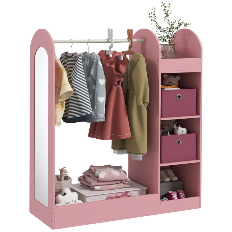 AIYAPLAY Cuier pentru Copii cu Rafturi, Cutii și Oglindă, Mobilier pentru Camera Copilului și Intrare, 92x36x106 cm, Roz | Aosom Romania