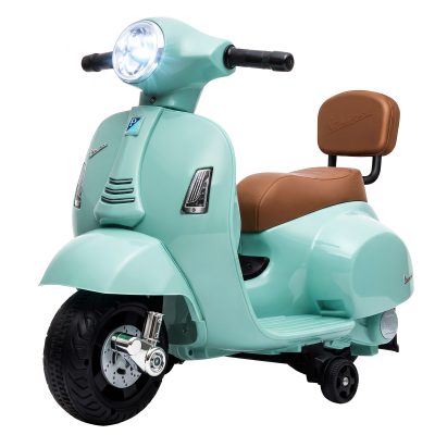 AIYAPLAY Motocicletă electrică pentru copii licențiată Mini Vespa GTS 2 roți auxiliare baterie litiu far claxon spătar Verde | Aosom Romania