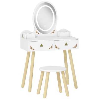 AIYAPLAY Set Măsuță și Scaun pentru Copii cu Oglindă cu Lumini LED în 3 Culori, Sertar, Cutii de Depozitare, pentru 3+ Ani, Alb | Aosom Romania