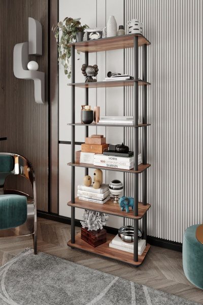 Bibliotecă 6 Rect, Diverse culori, 60x30x173 cm - Nuc
