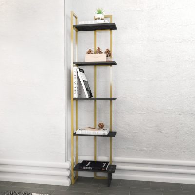Bibliotecă Alice, Negru - Auriu, 45x22x180 cm - Negru - Auriu