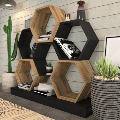 Bibliotecă Cicek, Diverse culori, 120x30x109 cm - Negru - Stejar