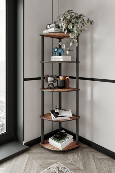 Bibliotecă de colț 5, Diverse culori, 34x34x139 cm - Nuc