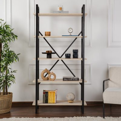 Bibliotecă Elysian, Diverse culori, 90x34x180 cm - Travertin - Negru
