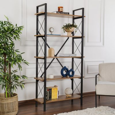 Bibliotecă Elysian, Diverse culori, 90x34x180 cm - Venezia walnut - Negru