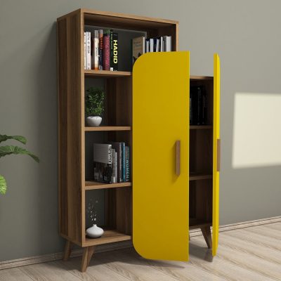 Bibliotecă Form, Nuc - Galben, 90x32x132 cm - Nuc - Galben