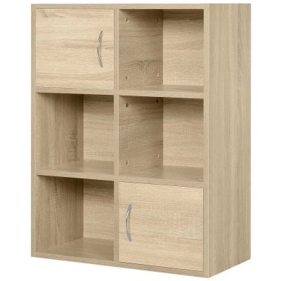 Biblioteca HOMCOM cu 3 Rafturi , 4 Compartimente si 2 Usi Basculante din Lemn Natural 61.5x29.5x80cm | Aosom Romania