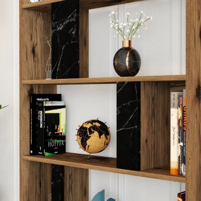 Bibliotecă Lima - Walnut, Black Marble, Nuc - Negru, 90x20x180 cm - Nuc - Negru