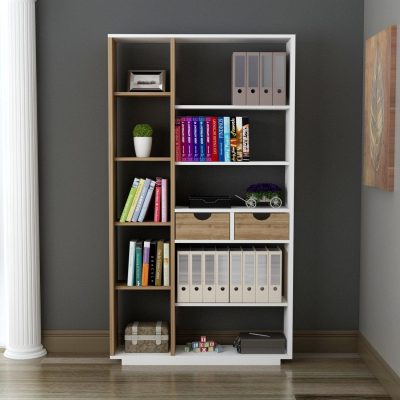 Bibliotecă Luma, Diverse culori, 80x25x189 cm - Alb - Nuc