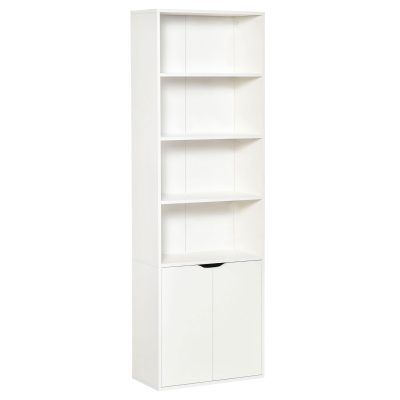 Biblioteca Moderna HOMCOM 4 Etajere cu Dulapior din Lemn cu 2 Usi, Mobilier Multifunctional pentru Living si Birou 59x29x180cm, Alba | Aosom Romania