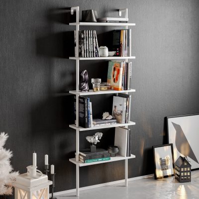 Bibliotecă Paula Hadley, negru - alb, 60x22x174 cm - Alb