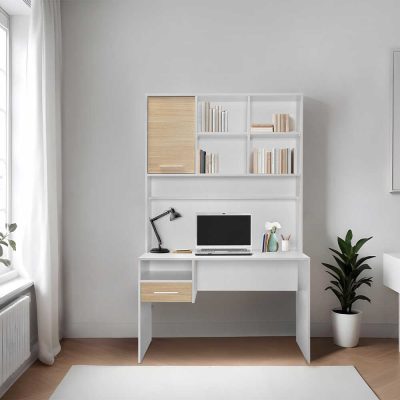 Birou CMU-1411-MB-2 Home Collection® London cu biblioteca, Alb - Stejar, 120x196x60 cm - Alb