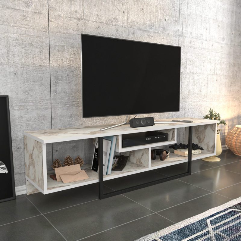 Comodă TV Asal 150 - Black, Ephesus, Negru - Alb, 150x35x40 cm - Negru - Alb