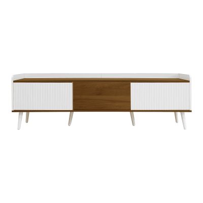Comodă TV cu 3 uși, picioare din lemn și margine înaltă, 160x39x49,5 cm, Culoare naturală+Alb