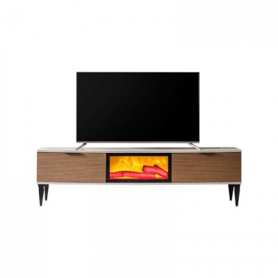 Comoda TV EMPOLI, cu semineu, bej + nuc, 180x36x50 cm