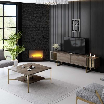 Comodă TV Gold Line - Walnut, Black, Nuc - Auriu, 180x30x18 cm - Auriu - Nuc - Negru