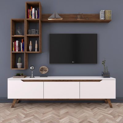 Comoda tv Hirvat cu biblioteca elegant, Alb - Nuc, 180x49x35 cm - Alb