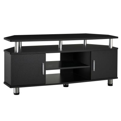 Comoda TV moderna HOMCOM, cu 2 compartimente inchise, raft, blat, benzi antiderapante, picioare din otel inox, din lemn, negru | Aosom Romania