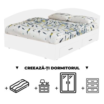 Creeaza-ti Dormitorul ALMA, alb, de la Pat Colt 140x200 cm, cu 2 sertare laterale pe role, adauga Saltea, Noptiere, Comoda, Dulap