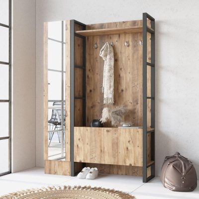 Cuier cu pantofar Ortak cu oglinda, Stejar, 90x34x180 cm - Stejar