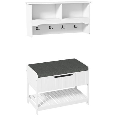 Cuier de Perete cu Banca Suport pentru Pantofi Dotata cu Cuburi de Perete, 4 Carlige si Raft Retractabil, 80x20x40 cm, Alb HOMCOM | Aosom RO