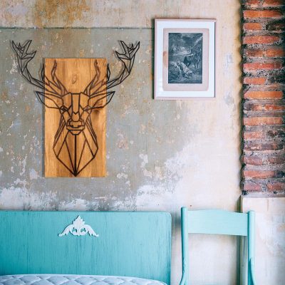Decorațiune de perete din lemn Deer, Negru - Nuc, 61x66x0 cm - Natural - Negru - Nuc