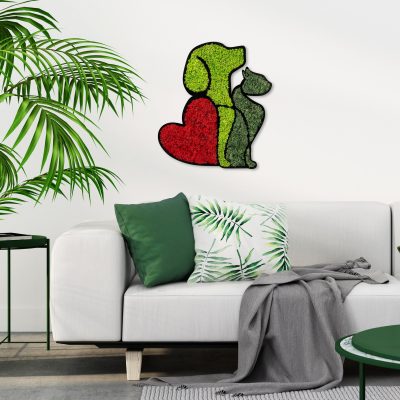 Decorațiune de perete din lemn Moss - Dog & Cat Lover, Roșu - Verde, 48x43x1 cm - Natural - Roșu - Verde