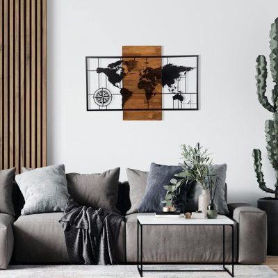 Decoratiune de perete lemn Harta Lumea, Negru, 85x58 cm - Negru