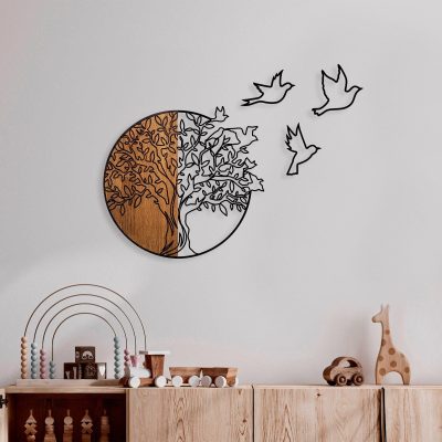 Decoratiune de perete lemn Tree And Birds 2, Nuc, 56x60 cm - Maro