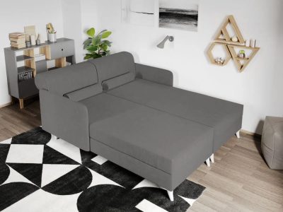 Divan dublu / Pat matrimonial tapitat Gri Deschis Round Rabatabil