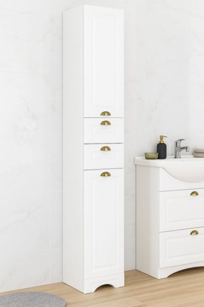 Dulap baie seria 172, front MDF, 2 usi, 2 sertare, alb rustic, 35x31.6x180 cm