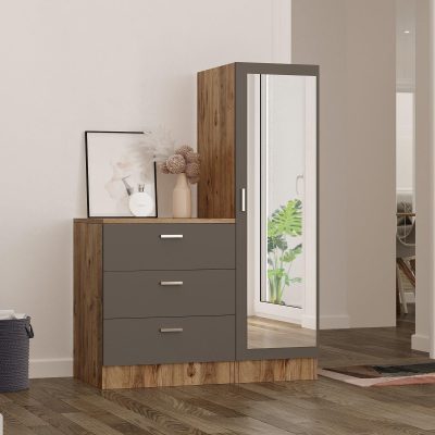 Dulap Haine pentru Casa Frame A Oligo cu Oglinda si 3 sertare, Alb - Gri  - Nuc (diverse dimensiuni) - Gri