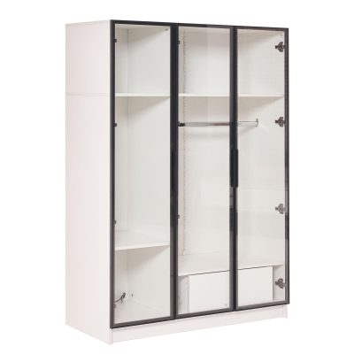 Dulap Spațios cu 3 Uși din Sticlă, 1 Sertar și 1 Bară pentru Umerașe, Iluminare LED Integrată, 110x50x160 cm, Alb