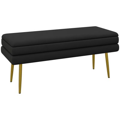 HOMCOM Bancă bancuță cutie de depozitare 2 în 1 cu șezut din catifea și picioare de oțel - 100 x 37,5 x 42 cm, negru și auriu | Aosom Romania