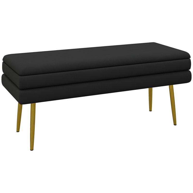HOMCOM Bancă bancuță cutie de depozitare 2 în 1 cu șezut din catifea și picioare de oțel - 100 x 37,5 x 42 cm, negru și auriu | Aosom Romania