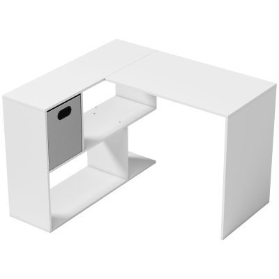 HOMCOM Birou Colțar pentru Computer, 110x100 cm, Birou în Formă de L cu Raft și Sertar din Material Textil, Masă pentru PC pentru Dormitor, Birou și Studio, Alb | Aosom Romania
