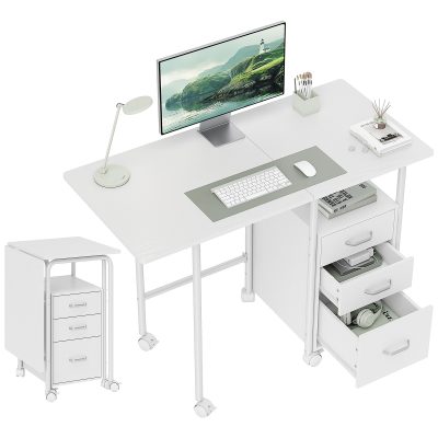 HOMCOM Birou de calculator pliabil pe roți, birou cu depozitare, 3 sertare, blat extensibil, 105x51x75,5cm, alb | Aosom Romania
