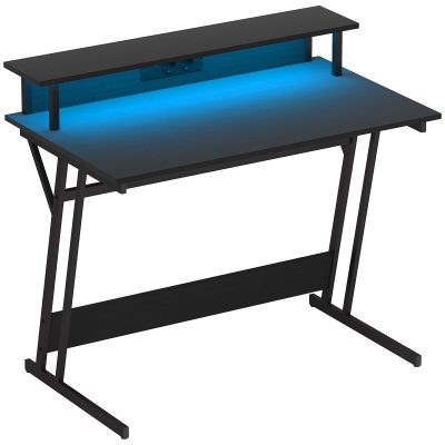 HOMCOM Birou de Gaming cu Lumini LED și Suport pentru Monitor, Masă Gaming cu Port USB și TYPE C, 100x60x88,5 cm, Negru | Aosom Romania