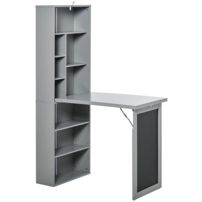 HOMCOM Birou Pliabil cu Bibliotecă, Tablă și Masă de Dining Rabatabilă, 98x51x153 cm, Gri închis | Aosom Romania