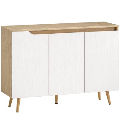 HOMCOM Bufet Bucătărie, Mobilier Bucătărie cu 3 Uși, Rafturi Ajustabile și 5 Picioare din Lemn de Cauciuc, Stil Modern, Bufet pentru Living, Sufragerie, Sală de Masă, Alb și Stejar | Aosom Romania