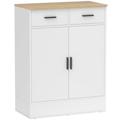 HOMCOM Bufet cu spațiu de depozitare, comodă cu 2 sertare, raft reglabil, pentru bucătărie, living, hol, lemn natural, alb | Aosom Romania