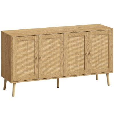 HOMCOM Bufet din rattan cu 4 uși, bufet boho de bucătărie cu 2 rafturi reglabile, aspect lemn natural | Aosom Romania