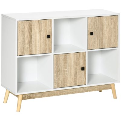 HOMCOM Bufet living, mobilier de depozitare 9 cuburi cu 3 uși și 3 compartimente deschise, picioare din lemn de pin, stil modern, bufet pentru sala de mese, bucătărie și living, 96 x 30 x 75 cm, alb, natural | Aosom Romania
