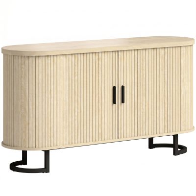 HOMCOM Bufet living, mobilier de depozitare oval cu 2 uși glisante și polițe reglabile, 140x40x75cm, lemn natural | Aosom Romania