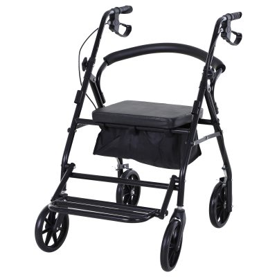 HOMCOM Cadru de mers pliabil pentru vârstnici cu șezut și 4 roți mâner ergonomic reglabil pe înălțime frâne cu levier coș negru | Aosom Romania