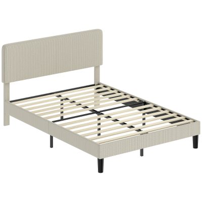 HOMCOM Cadru de pat 140 x 190 cm cu somier, tăblie reglabilă, pat dublu capitonat în velur côtelat, fără zgomot, gri deschis | Aosom Romania