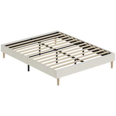 HOMCOM Cadru de pat 140 x 190 cm cu somieră, pat dublu tapițat în catifea canelată, spațiu de depozitare dedesubt, crem | Aosom Romania