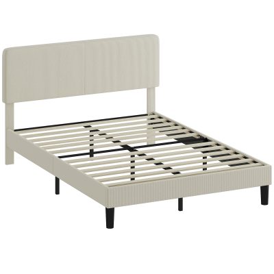 HOMCOM Cadru de Pat Matrimonial 140x200 cm Cap de Pat Reglabil pe Înălțime Îmbrăcat în Catifea, Pat Matrimonial cu Șipci de Lemn, pentru Dormitor, Montaj Ușor, Gri Deschis | Aosom Romania
